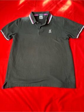 Psycho Bunny Black Polo Shirt with Striped Collar